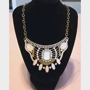 Iridescent Faux Opals Pastel Amozanite Beads Bib Style Necklace Gold Tone Bold